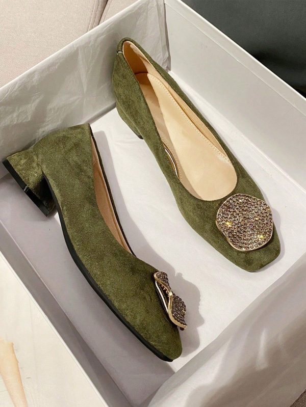Golden Glamour: Classic Suede Flat Shoes with Rhinestone Buckle Detail - Army Green / US6.5