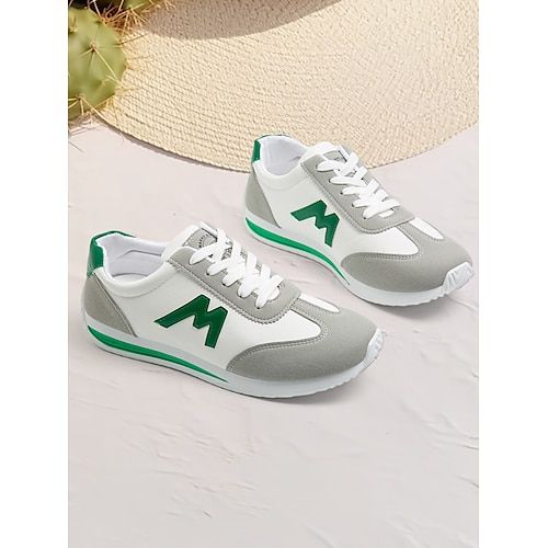 Women's Retro Style White and Green Casual Sneakers, Perfect for Daily Wear and Light Sports Activities