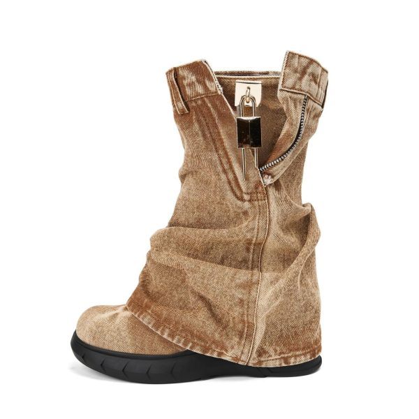Longwenxuan Denim Boots with Zipper Metal Lock for Women,Fashion Vintage Women's Round Toe Blue Jeans Mid Calf Chunky Platform Booties Chunky Long Boots Padlock Boots with Side Zipper Western Cowboy fold Denim Trouser Thigh High Boots