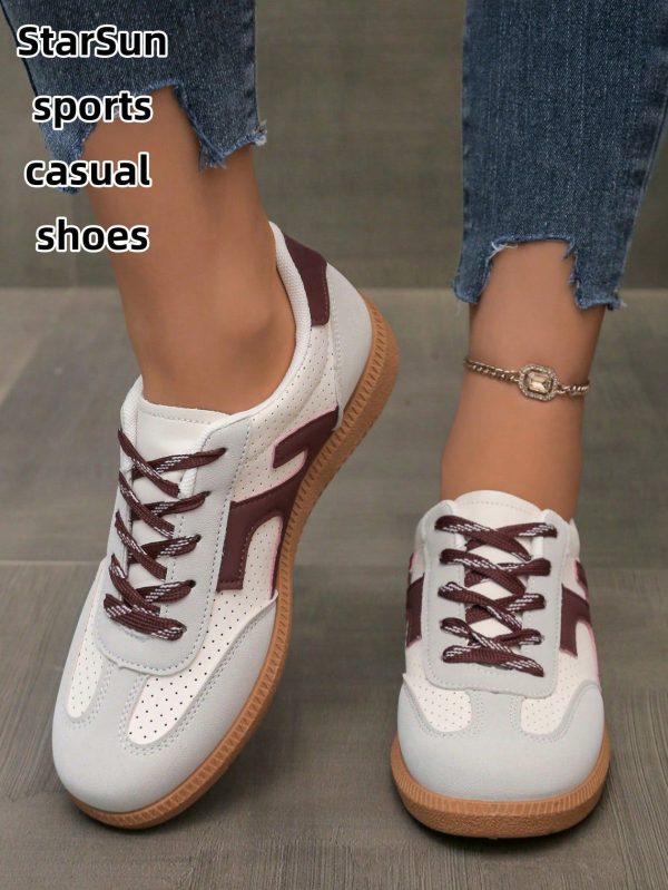 Women's Multi-Functional Fashion Casual Shoes, Flat Non-Slip Lace-Up Round Toe Rubber Sole Casual Sneakers, Black/Beige Color Block, Suitable For Everyday Wear, Casual Gump Shoes, Size 36-41, Fashion &