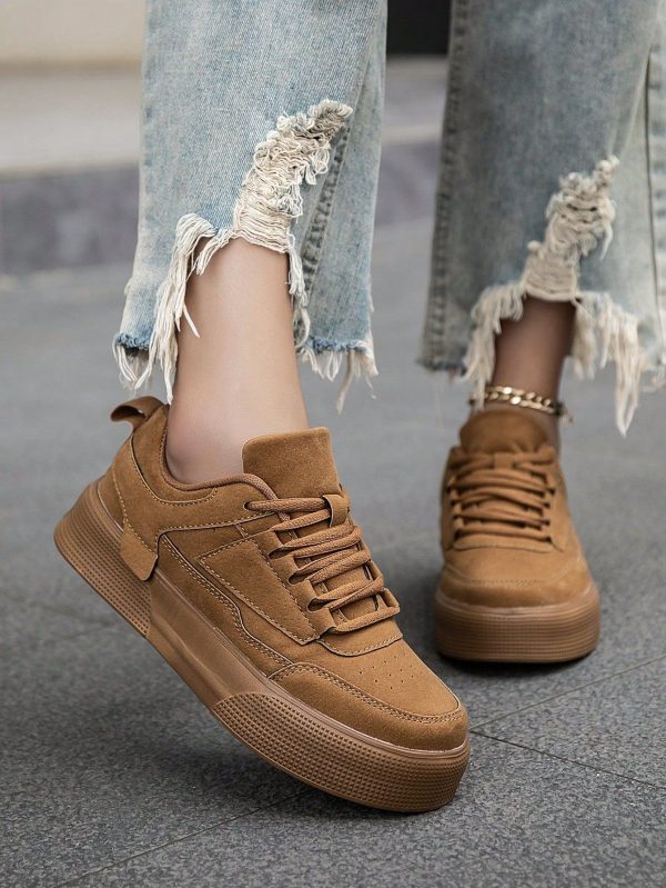 Women's Simple Patchwork Comfortable Versatile Casual Brown Flat Shoes, Personality Lightweight Outdoor Fashion Business Lace-Up Skateboard Shoes For Couple