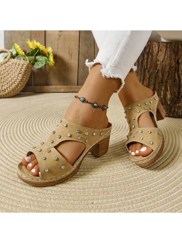 2025 Summer New Fashion Plus Size 43#/US10 Women's Shoes, Hollow, Solid Color, Rhinestone, Open Toe, Retro, Comfortable, Rhinestone Decoration Sandals For Outdoor Wear