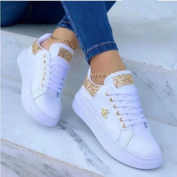 Platform Sneakers Lace-up White Low-top Casual Shoes - Gold, 42