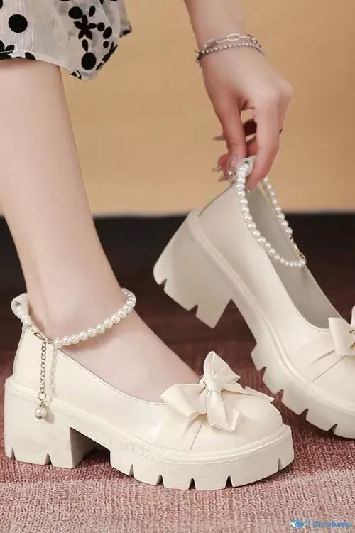 OrcaJump - Orcajump - Zapatos Mary Jane con lazo de mariposa y adorno de perlas, suela gruesa antideslizante.