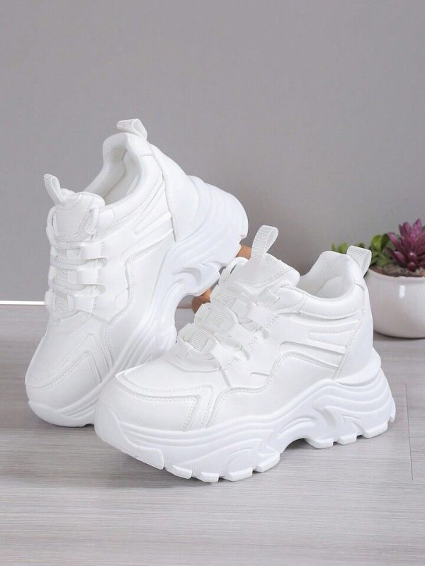 Women's Chunky Platform Sneakers, Internal Heightening Wedge Heel, Mesh Breathable, Anti-Slip, Casual Shoes, 8cm Height Increase, Suitable For Petite, White Sneakers, Spring/Autumn
