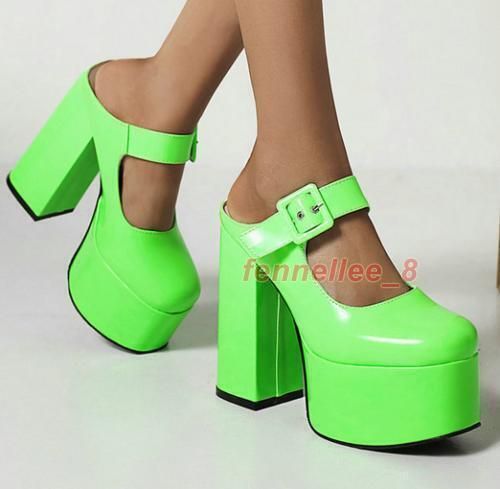 Women Fashion Buckle Strap High Platform Block Heel Round Toe Pull On Shoes Date