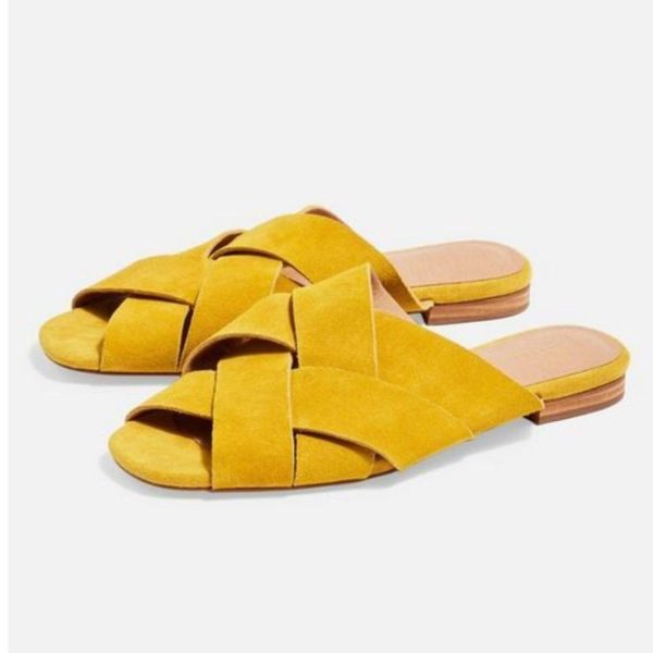 Topshop Shoes | Topshop Yellow Mustard Microsuede Slip On Sandals Sz 7.5 Nwob | Color: Yellow | Size: 7.5