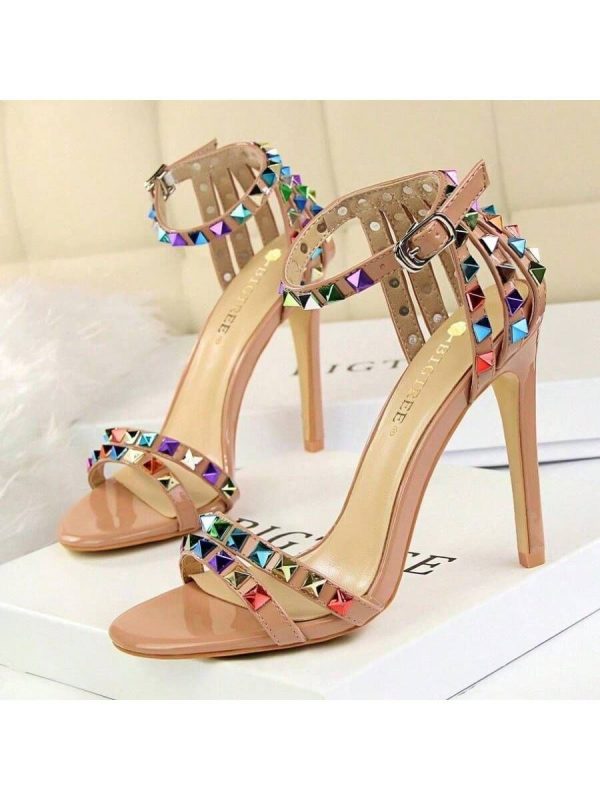 European And American Style Roman Style Women's Shoes Thin Heel Super High Heel Open Toe Strap Hollow Colorful Studded Sandals