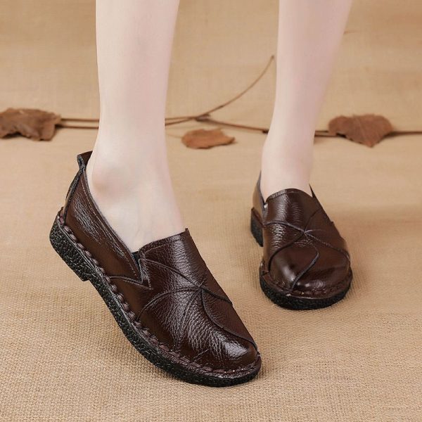 Zingj Zingj First Layer Of Cowhide New Flat-Soled Women's Shoes Leather Casual Color Women's Singles Shoes Middle-Aged Mother Shoes Large Size Shoes Brown-37