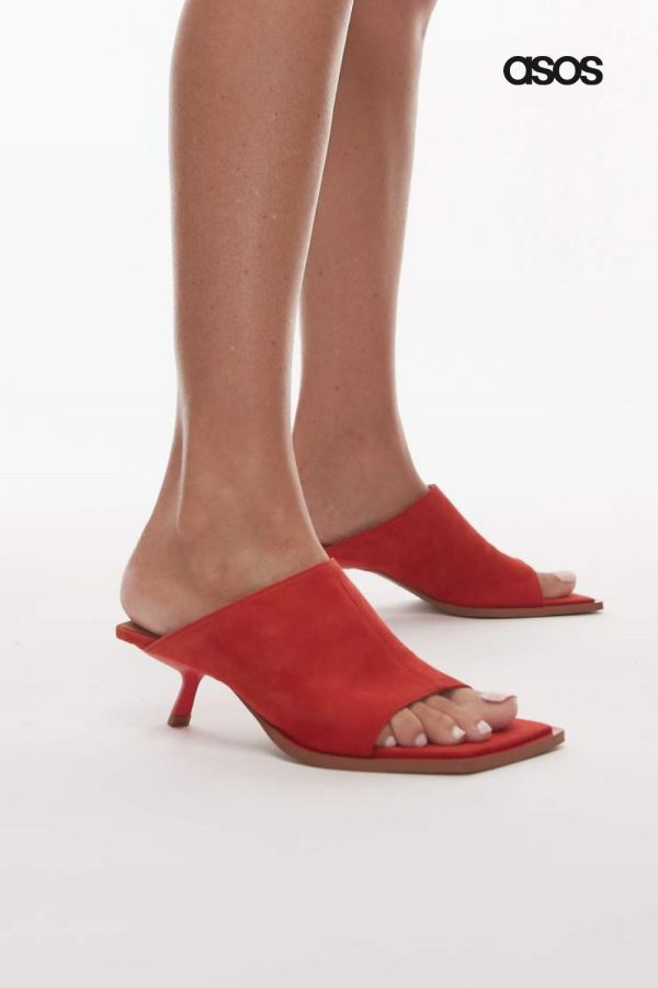 Topshop Premium Ilya suede open square toe mules in red