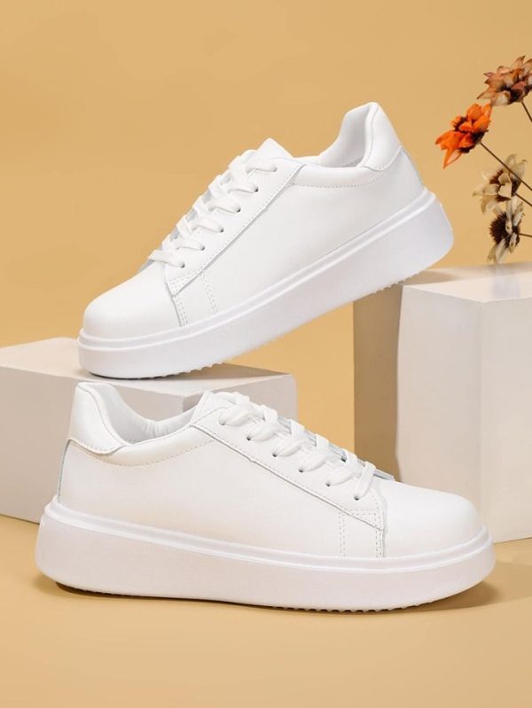 Women White Minimalist Casual Shoes, Round Toe Lace-Up Front Skate Shoes