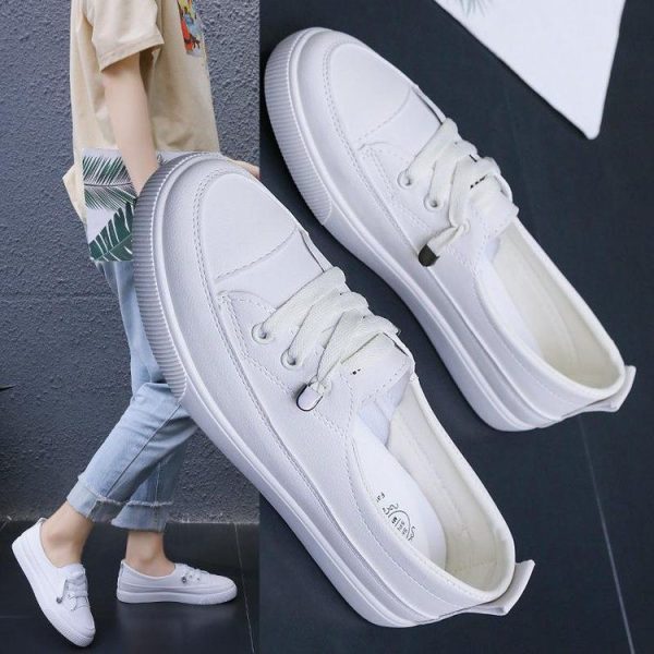 Ladies White Shoes Women Sneakers Female Pu Leather Walking Sneakers Woman Loafers White Flat Slip