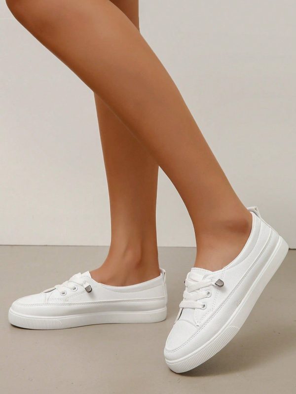 Chic and Comfortable: Women's Sporty Slip-On Shoes with Contrast Binding Design and Lace-Up Front Sneakers - White / US6