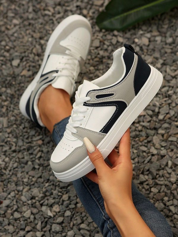 Women's Casual Sneakers, Fashionable Contrast Color Flat Shoes With Geometric Pattern Side Lace, Outdoor Casual Vacation Gift