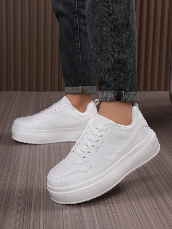 Men's Solid Color Patchwork Front Lace-Up High Platform Comfortable Flat Board Shoes, Fashion Versatile Commuting Casual Sneakers For Youth, Suitable For All Seasons