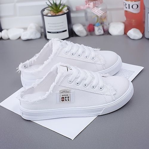 Women's Sneakers Slippers Slip-Ons Canvas Shoes Comfort Shoes Outdoor Daily Solid Color Summer Lace-up Flat Heel Round Toe Casual Minimalism Canvas Loafer Black White Blue