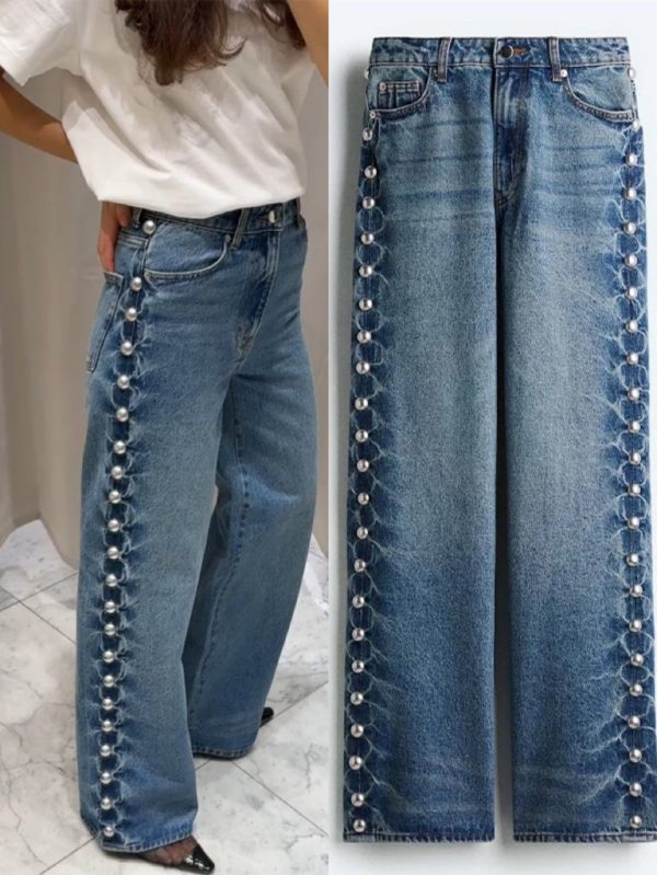 Designer Metal Rivets Women Denim Pants Straight Baggy High Waist Jeans Trousers Vintage Distressed