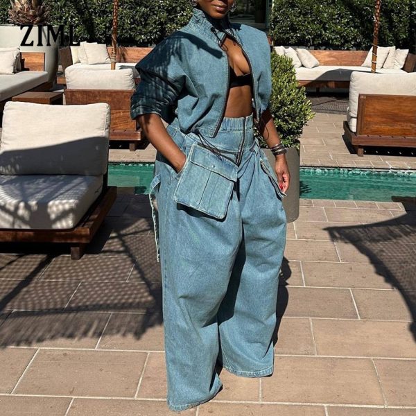 ZIML Solid Denim Two Piece Set for Women Lapel Long Sleeve Short Sleeve Tops High Waist Spliced