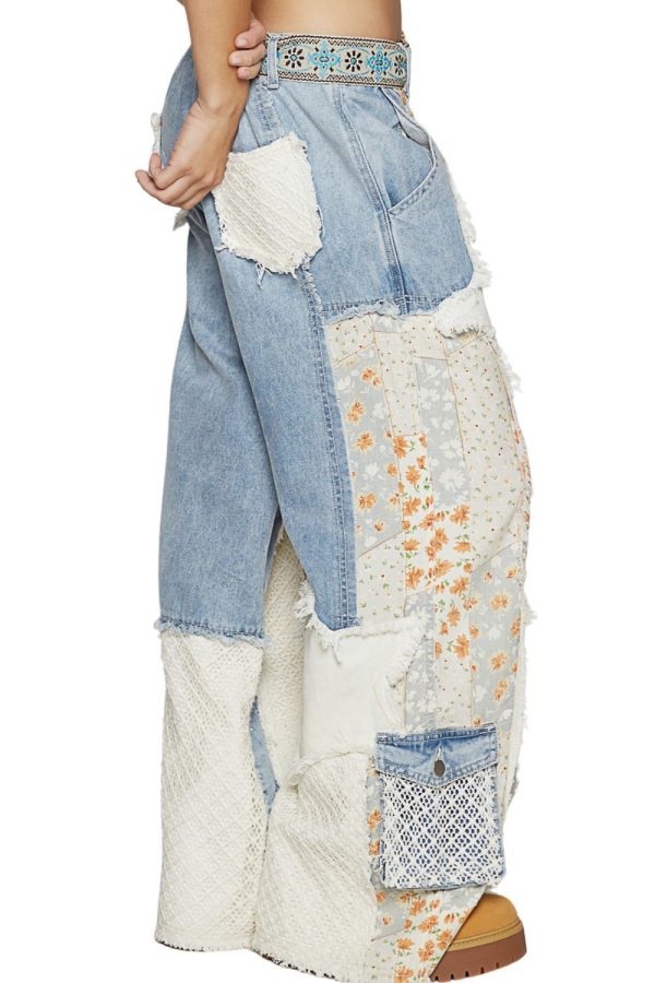 POL Clothing Womens Relaxed Fit Patchwork Denim Jeans - L