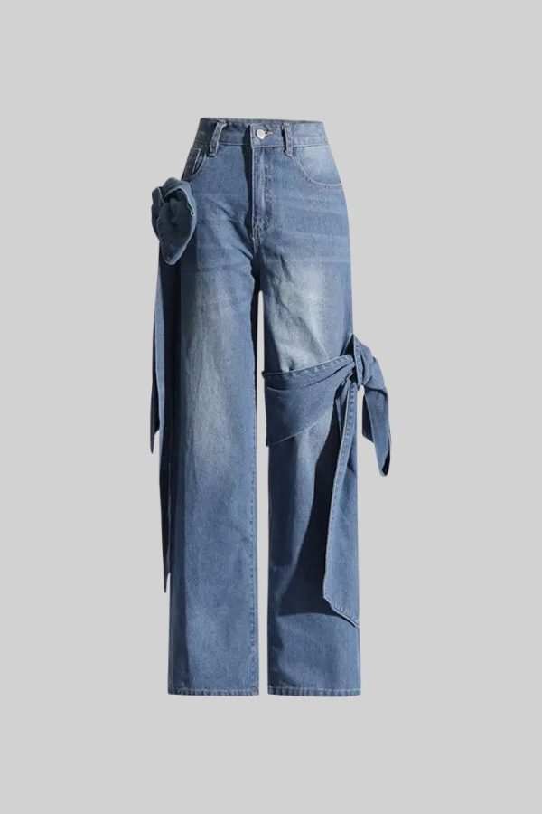 Wide Leg Jeans with Bow Details - Blue