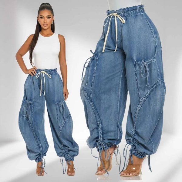 Elastic Waist Drawstring Tie Foot Bow Loose Straight Legs Jeans Women's Casual