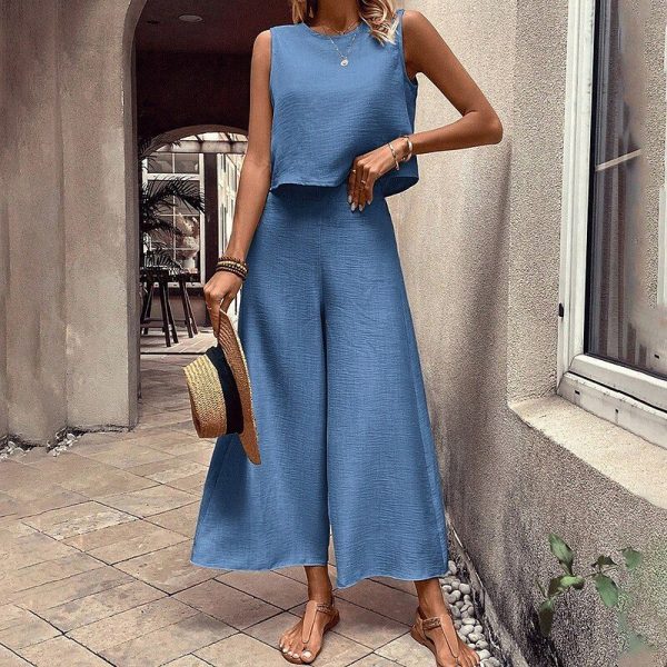 Women's Fashion Streetwear Daily Pants Sets Sleeveless Crew Neck Solid Color Drawstring Vacation Casual Daily Pink Blue Orange Summer Loose Fit