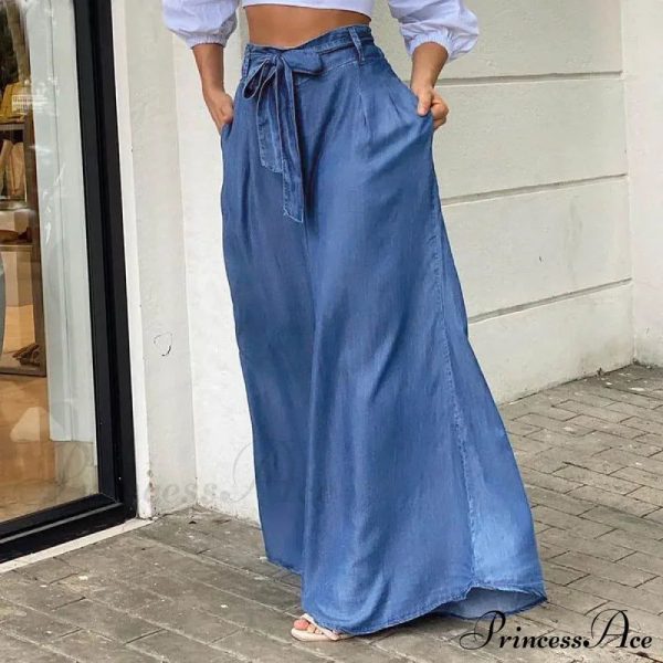 2024 Women Long High Waist Fashion Belted Casual Loose Solid Streetwear Skirt Jean - Light Blue XL