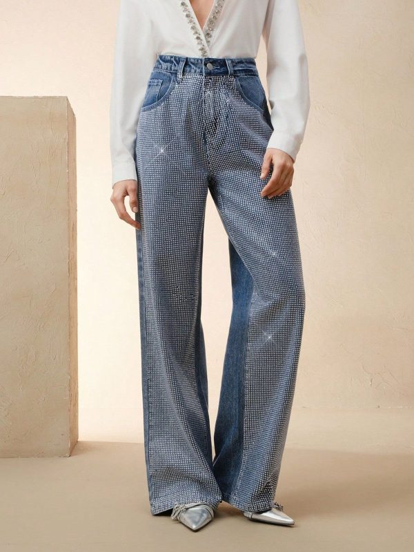 Rhinestone Embellished Luxurious Casual Versatile Straight-Leg Jeans For Women