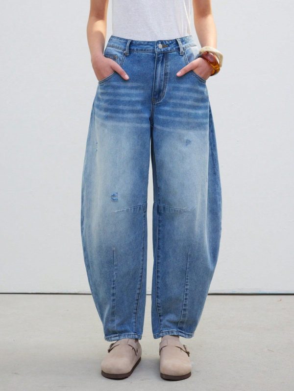 Women's Casual Loose Fit Pocketed Tapered Denim Jeans