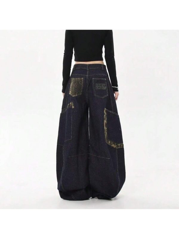 Women's Vintage Wide Leg Denim Jeans Loose Fit Patchwork Dropped Crotch Pants Retro Casual Comfortable Streetwear Trousers