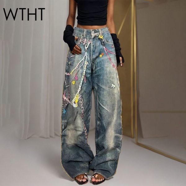 WTHT Fashion Women's 3D Print Metal Chain Design Denim Pants Vintage High-waisted Wash Casuals Jeans