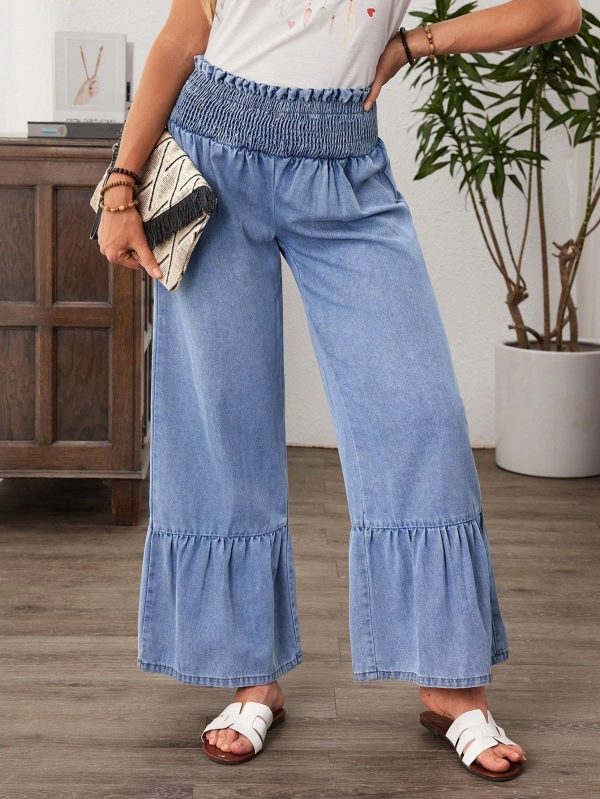 Women Shirred Waistband Flounce Hem Wide Leg Casual Jeans