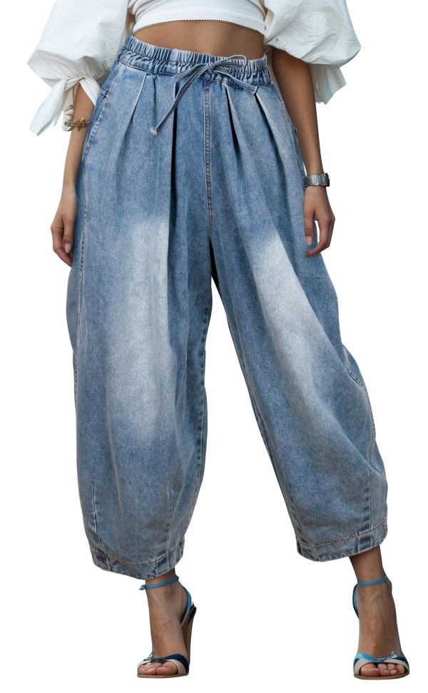 UQJE Women's Wide Leg Baggy Jeans Plus Size Loose Elastic Waist Denim Pants with Deep Pockets Light Blue