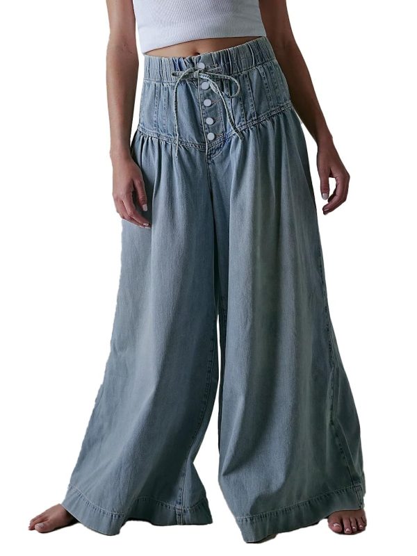 Palazzo Jeans for Women Elastic Mid Waist Wide Leg Jeans Loose Pull On Denim Pants with Drawstring
