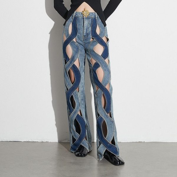 Zingj Jeans Female Autumn 2025 New Niche Wind Contrast Color Twist Hollow Out Metal Buckle Wide Leg Long Blue-XL