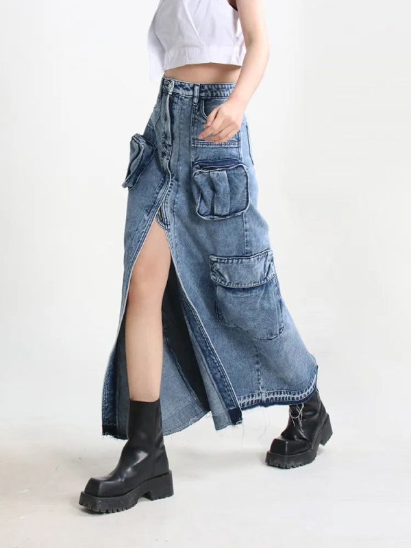 TWOTWINSTYLE Split Denim Skirts For Women High Waist Patchwork Pocket