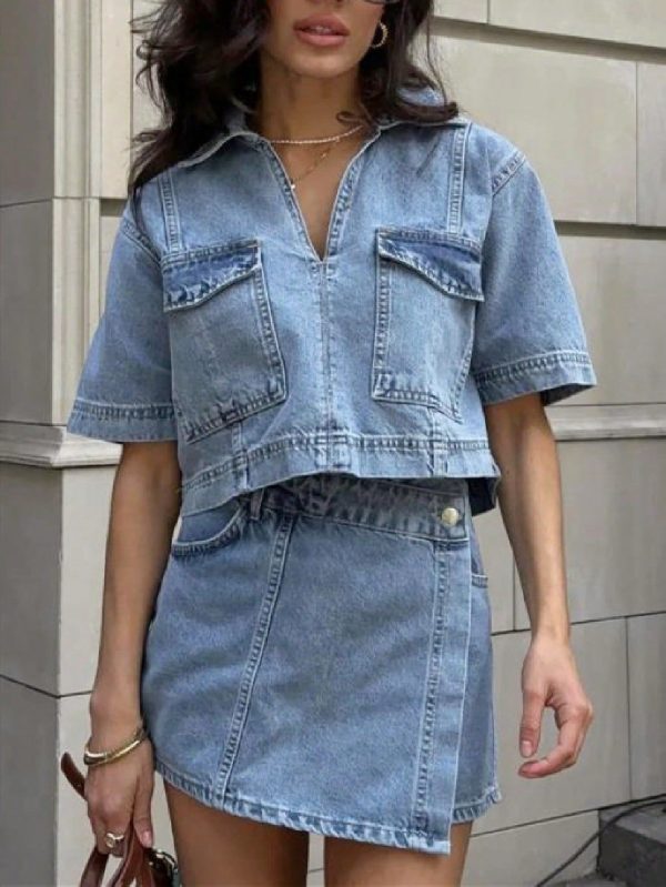 Womens 2 Piece Denim Outfits Short Sleeve Lapel Jean Tops And Asymmetrical Jeans Shorts Set Casual Streetwear
