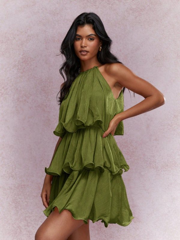 Boho Elegant Tiered Ruffle Mini Dress Sleeveless Halter Neck Party Dress St. Patrick's Day Irish-Themed Cocktail Special Occasion Pleated Flowy Green Holiday Outfit Cute Sundress｜MISSGUIDED