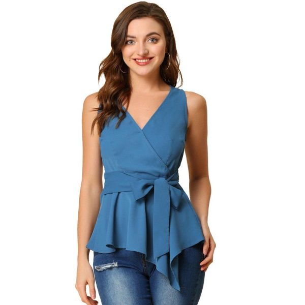 Allegra K Women's Summer Sleeveless V Neckline Wrap Tie Waist Tops Lake Blue X-Small