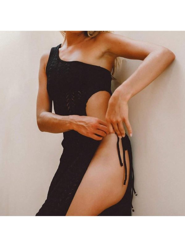 Women's Cover Up Dress Irregular Design Sleeveless One Shoulder Knit Crochet Bikini Cover Up Beach Bathing Suit,Spring-Summer Crochet Knit Beach Cover-Up Dress