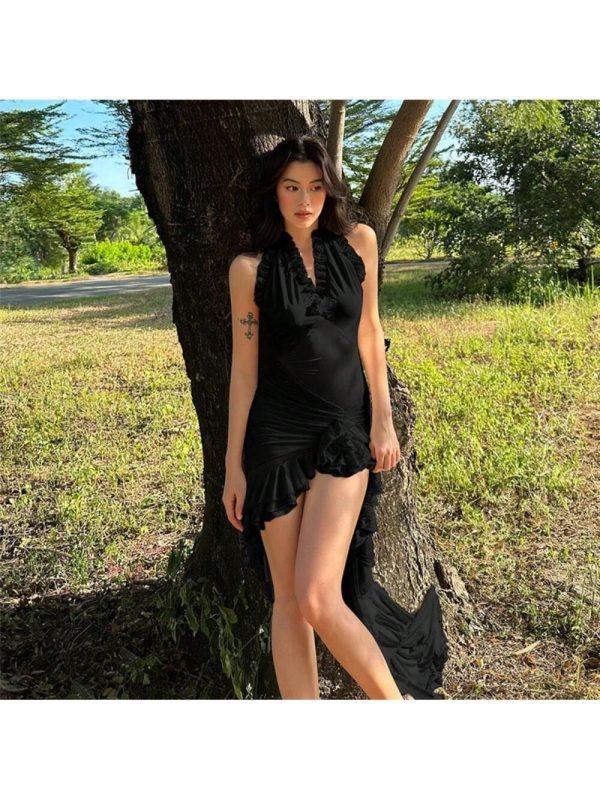 European And American Spring Fashion  Women's Clothing New Neck Halter Slim Solid Color Ruffle Edge Dress Travel Vacation Travel Seaside Beach Sunset Spring Break