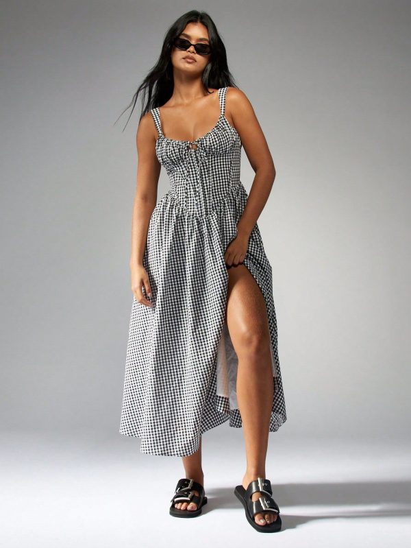 Cottagecore Gingham Check Summer Midi Dress Corset Detail Full Skirt Side Split Smocked Bodice Picnic Sundress Fit And Flare Garden Party Wedding Guest