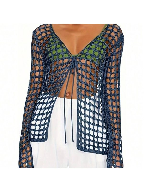 Local Shipping--Up Crochet Hollow Front Tie Swim Cover-Up Knit Cardigan,Women'S Long Sleeve Swimsuit Cover