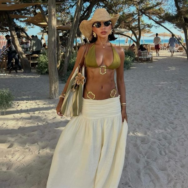 3Pcs Halter Bikini With Cover Up Beach Skirt Cut Out Swimsuit Women Swimwear Sexy Swim Suit Off