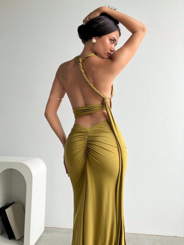 Women's Elegant & Sexy Deep V Neckline Detail Ruched Backless Skirt 2 Pieces Set, Olive Color, Beach Resort Vacation Summer Outfits For Women Two Pieces Set Women Vacation Outfits Woman Beach Outfits For Woman Vacation Outfits Women