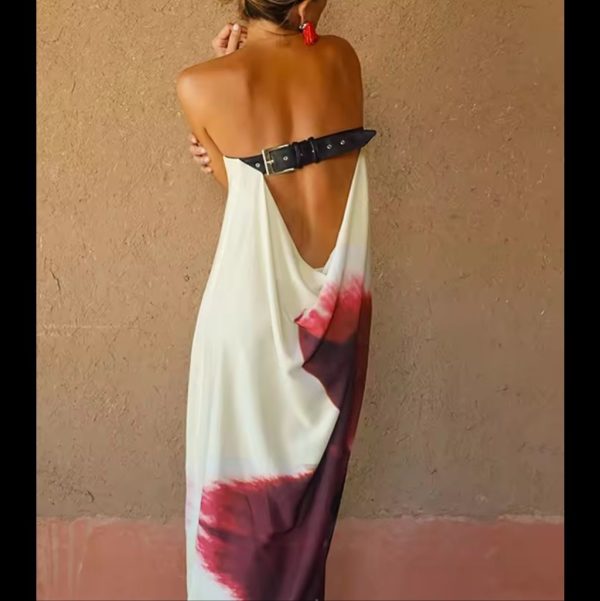 Sexy Strapless Print Floral Belt Women Maxi Dress Yellow Backless Vacation | Color: Cream | Size: Various