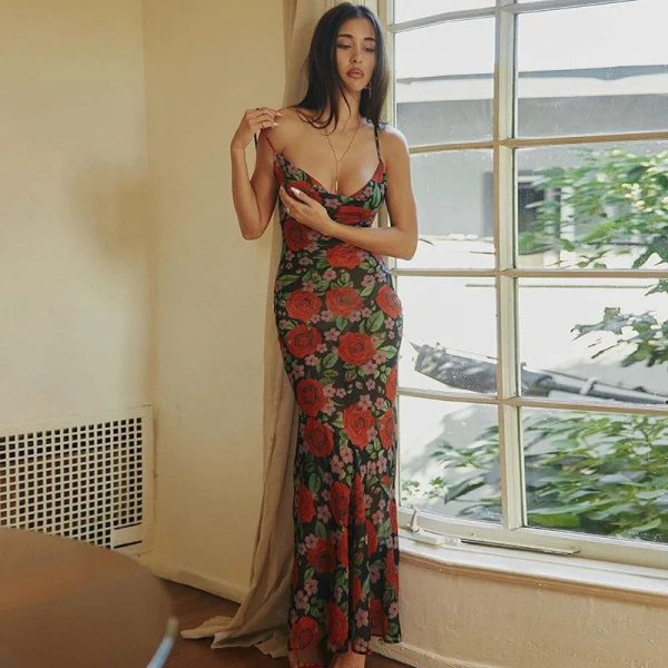 Cryptographic Floral Print Sexy Draped Slip Maxi Dress Elegant See Through Outfits Women Sleeveless Dresses Party Club Vestido - red / L