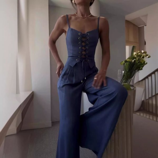 Zingj Zingj New 2024 Summer Pure Desire Sexy Hollow-Out Strap Jacket Casual Wide-Leg Pants Suit-Outfit Ideas Blue Jacket-S