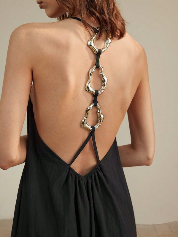 Backless Long Dress For Women, Metal Decor Design, Loose Fit, Elegant Urban Style, Suitable For Summer Vacation,Summer Dresses For Women