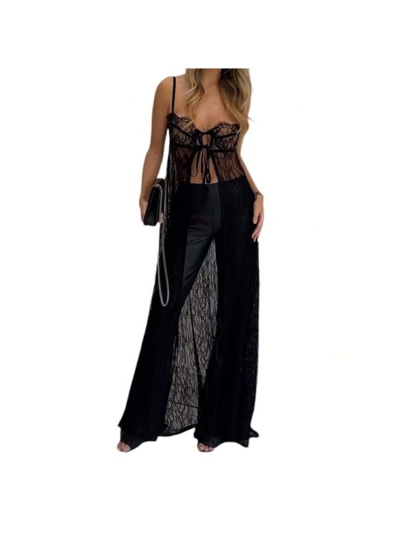 Women´S Summer Long Beach Dress Sleeveless Backless Sheer Lace Split Bikini Cover Up